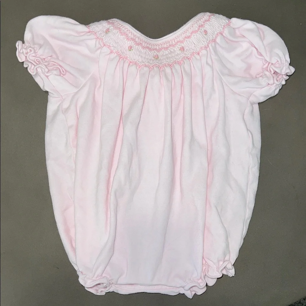 Pink Baby Bubble Romper with Smocked Detail and Embroidered Flowers - Picture 1 of 5